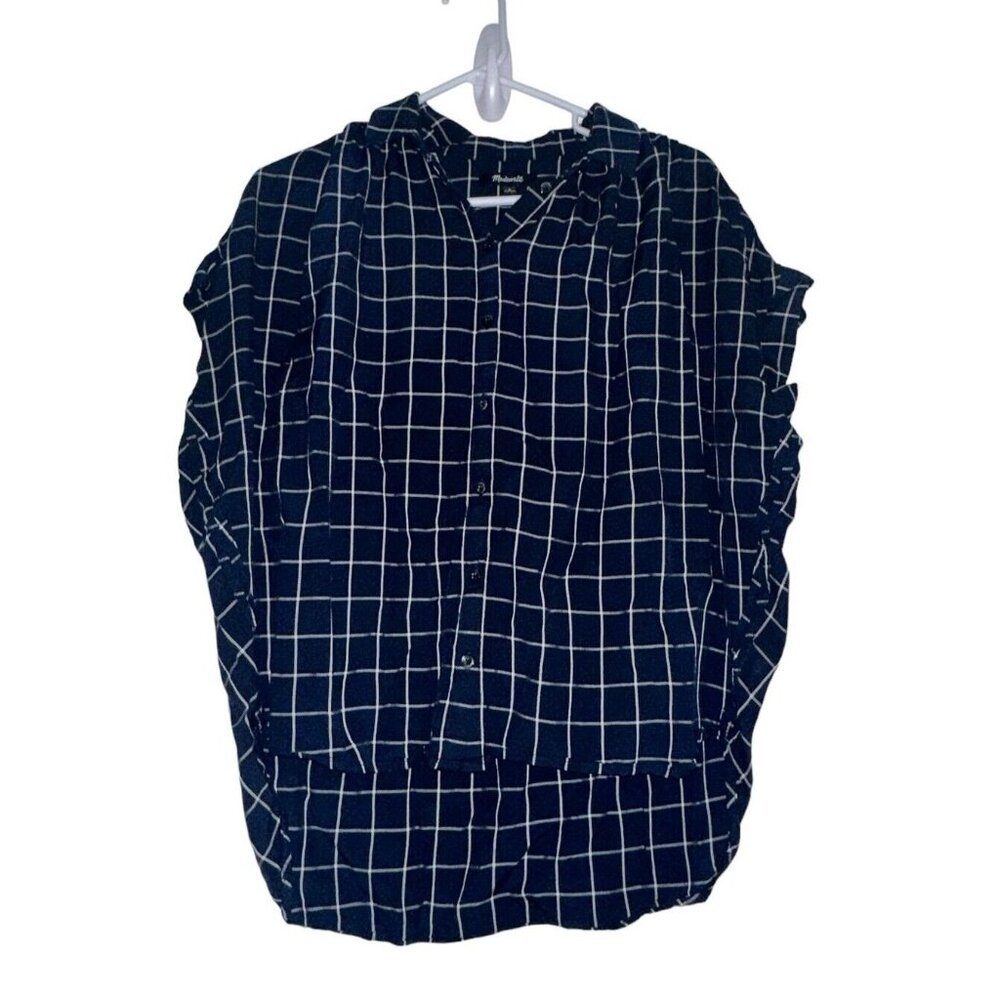 Madewell Womens Button Up Shirt Cropped High Low Sz S Blue White Plaid